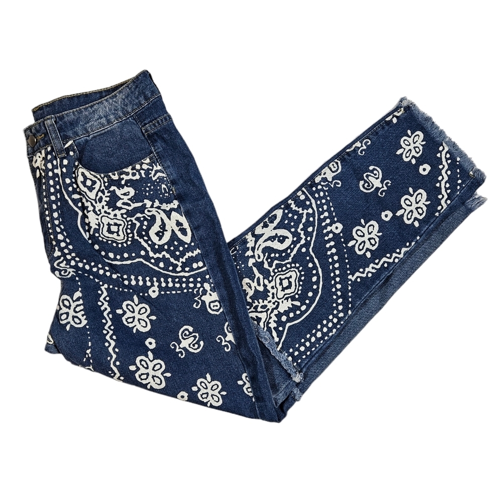 Paisley Print Patchwork Jeans Size Large Raw Hem Colorblock Denim Straight Leg - Picture 3 of 16